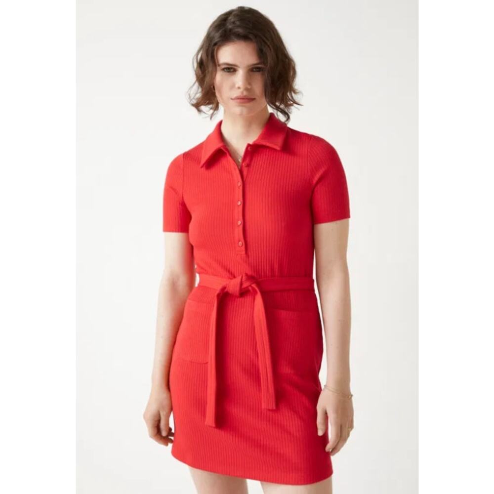& Other Stories Women's Short Sleeve Ribbed Collared Belted Red Mini Dress Med